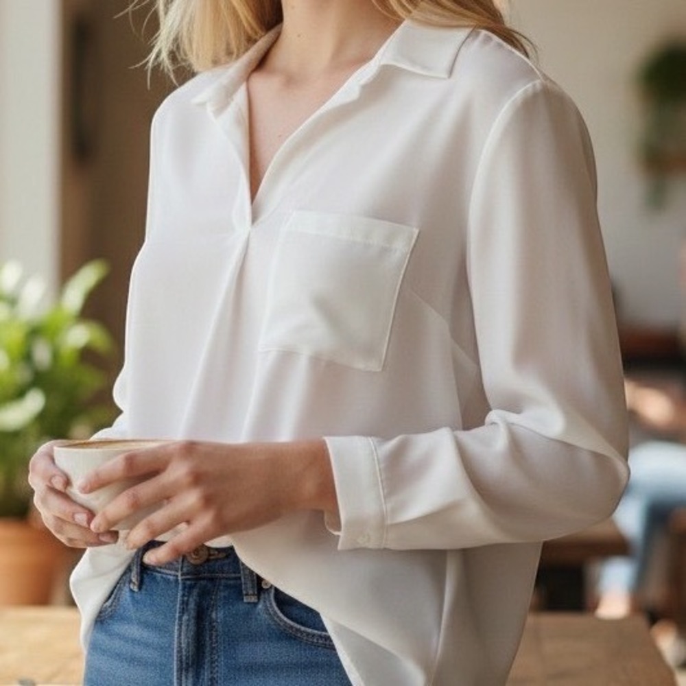Zara Basic Womens XL White V-Neck Long Sleeve High Low Blouse Crepe Top